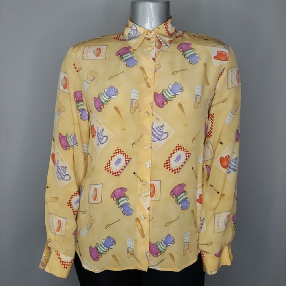 Allison Taylor Vtg Silk Blouse Women Large Yellow Coffee Tea Button Long Sleeve